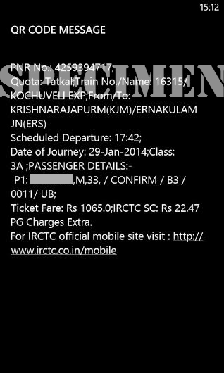 IRCTC QR code scanned on Windows mobile (Lumia)