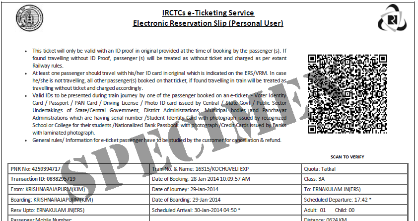 IRCTC e-icket with QR code on it.