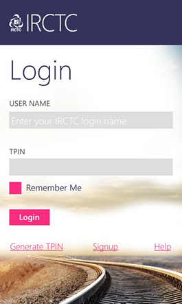 IRCTC Windows App Login Screen