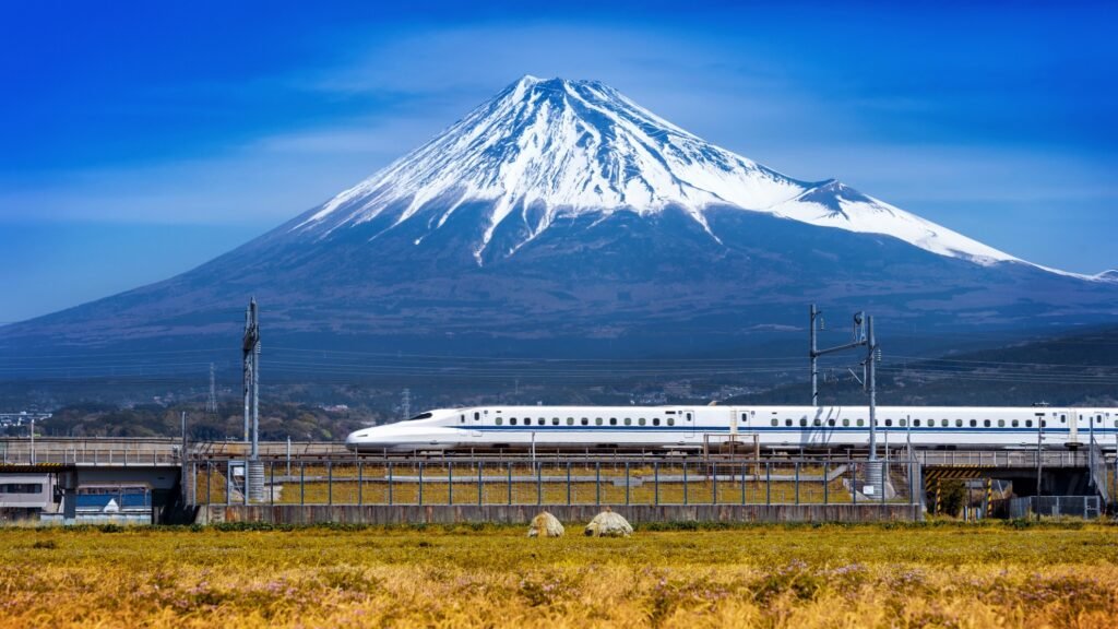 Shinkansen Japan high speed bullet train mount fuji backdrop