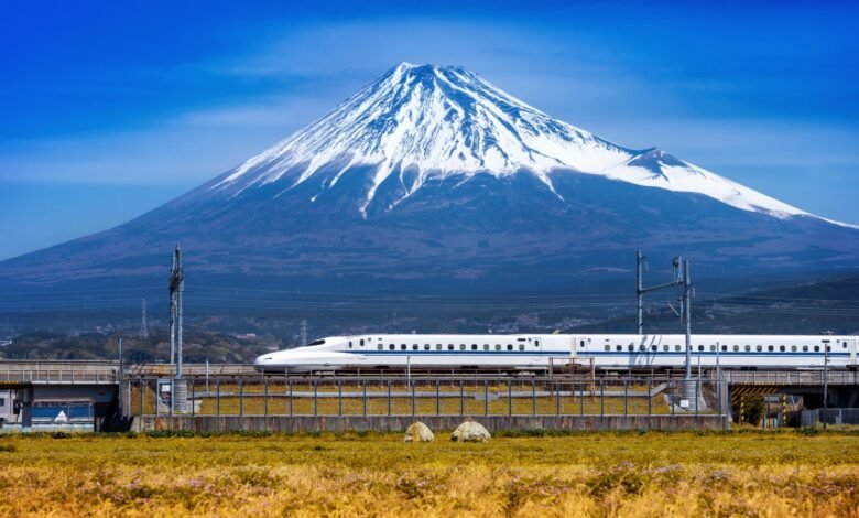 Shinkansen Japan high speed bullet train mount fuji backdrop