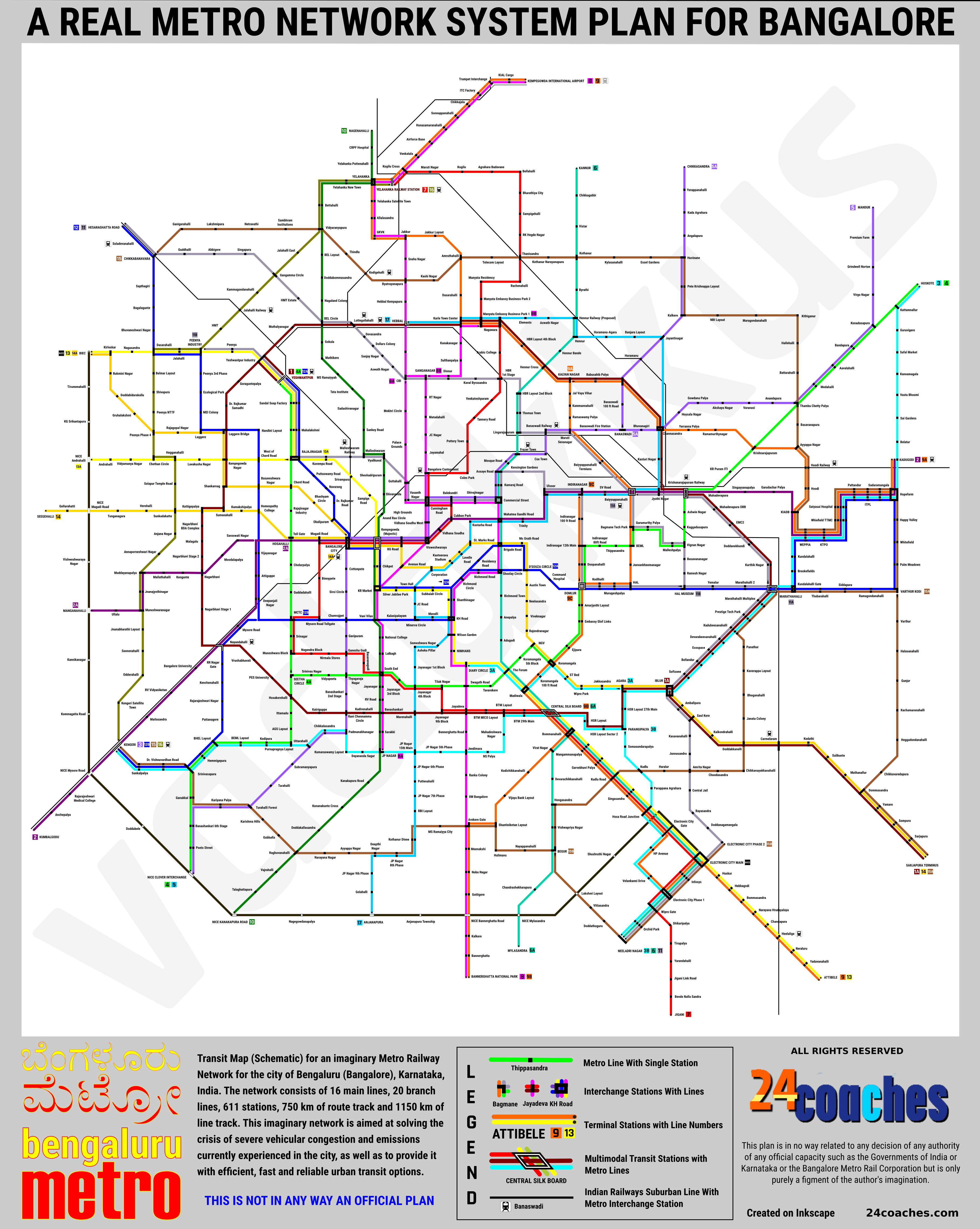A network plan and (schematic) transit map for an imaginary comprehensive Metro network for Bangalore, India