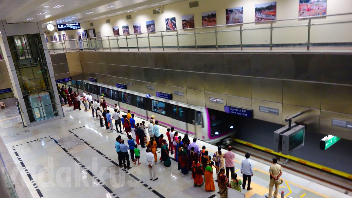 View from Bangalore Vidhana Soudha Metro station concourse with Train Arriving